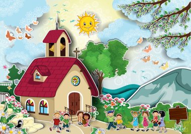 Church with children clipart