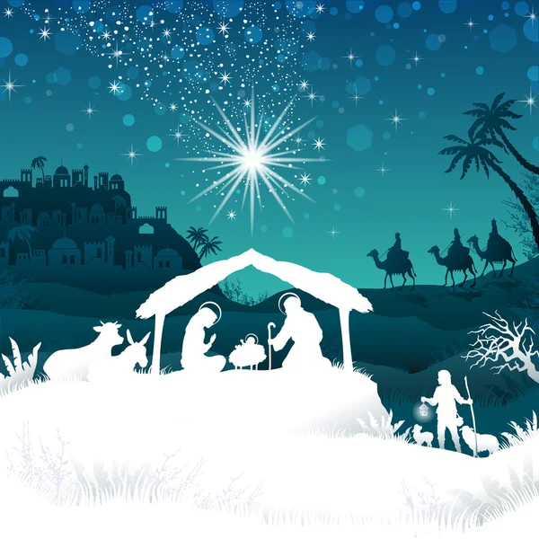 Witte silhouet kerststal op Bethlehem — Stockvector