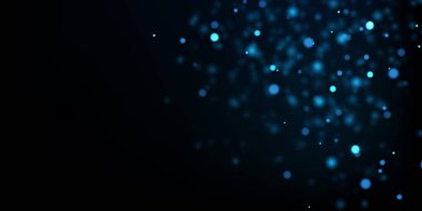 Vector abstract background with blue particles flowing on dark. Glowing magical lights, sparkling glittering effect.