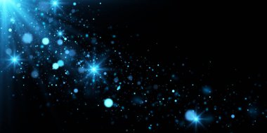 Vector abstract background with blue particles flowing on dark. Glowing magical lights, sparkling glittering effect.