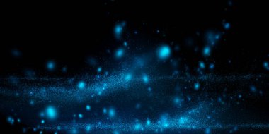 Vector abstract background with blue particles flowing on dark. Glowing magical lights, sparkling glittering effect.
