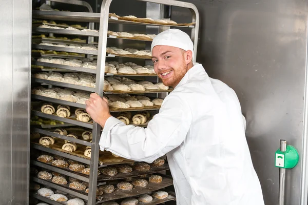 Bäcker in Bäckerei stellt Regal mit frischem Teig in Kühlschrank Stockbild