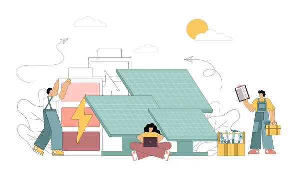 Ilustração Vetorial Isolada Sobre Fundo Branco Instalando Painéis Solares Energia — Vetor de Stock