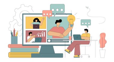 Çevrimiçi takım çalışması, video konferansı, telekomünikasyon. Bir fikir ara. Vektör illüstrasyonu beyaz arkaplanda izole edildi.