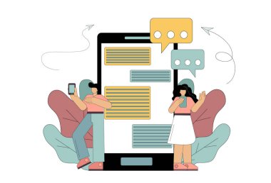 Mesajlaşma kavramları. İnternet iletişimi, sosyal ağlar. Düz insanlar iletişim kurmak için cep telefonu kullanır. Beyaz arkaplanda vektör yanılsaması