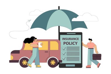 Araba sigortası konsepti. Sigorta poliçesi. Şemsiye, arabayı koru. Düz insanlar otomobil sigortası sözleşmesi imzalarlar. Vektör illüstrasyonu beyaz arkaplanda izole edildi.