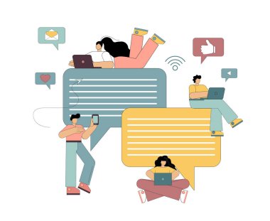 Sohbet mesajlaşma konsepti. Sosyal ağlar, internet iletişimi. Düz insanlar iletişim için cep telefonu kullanır. Beyaz arkaplanda vektör illüstrasyonu