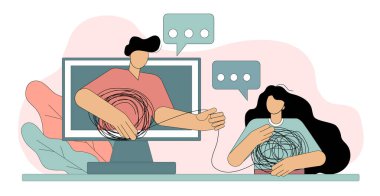 Psikolojik online danışmanlık kavramı. Çevrimiçi psikolojik yardım servisi. Beyaz arkaplanda izole edilmiş vektör düz illüstrasyon.