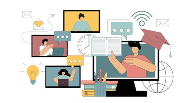 Uzaktan öğrenme kavramı, çevrimiçi eğitim, eğitim, eğitim, video dersleri. Beyaz arkaplanda izole edilmiş vektör düz illüstrasyon.