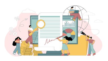 Bir sözleşme, bir anlaşma, bir sözleşme, iş adamları bir anlaşma yapar. Adam bir belgeye imza attı. Düz vektör illüstrasyonu