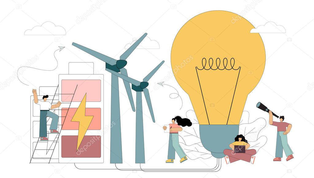 Alternative renewable wind energy concept. Wind energy. Wind turbines. Conservation of the planet s resources. Vector flat illustration isolated on white background