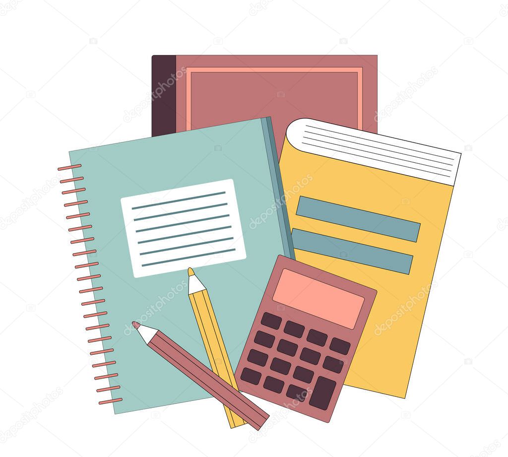 Back to school concept. Book, textbook, notebook, pencils calculator in flat style. Vector illustration.