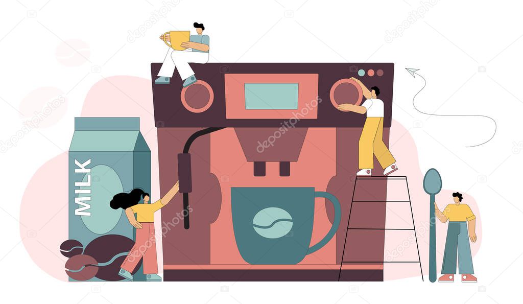 Barista people make coffee with a coffee machine. Making coffee. Vector illustration on white background