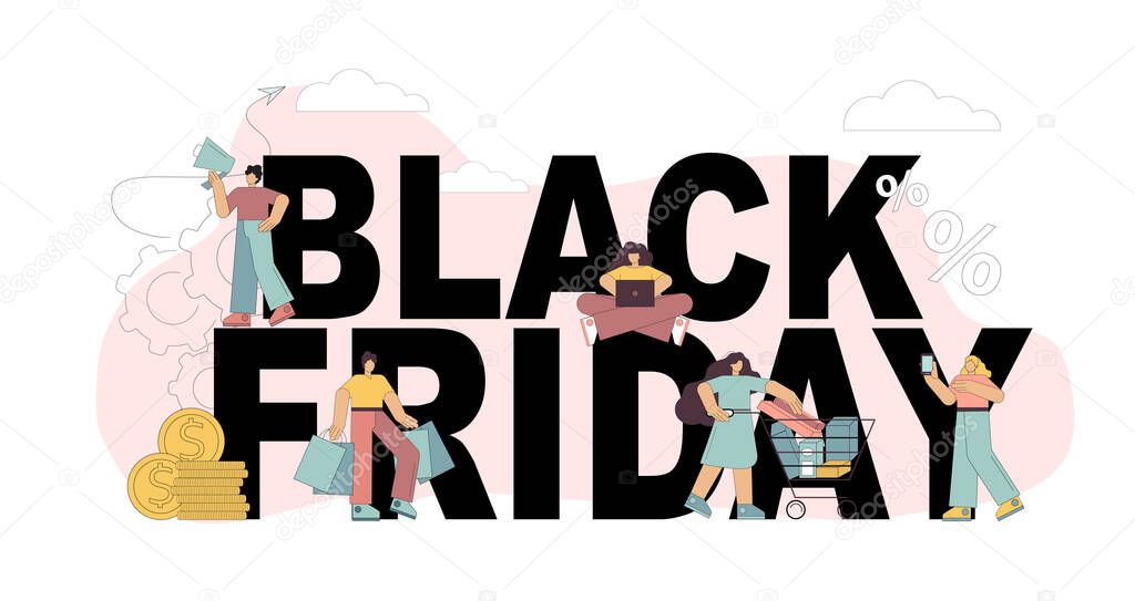 Black Friday. Super sale. End of the season. Buy all offers. People are participating in the sale. Vector flat illustration isolated on white background.