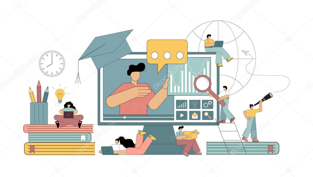 Vector isolated illustration on a white background in pastel colors. Concepts e-learning, online education at home. Flat people study remotely using the Internet and other modern gadgets.