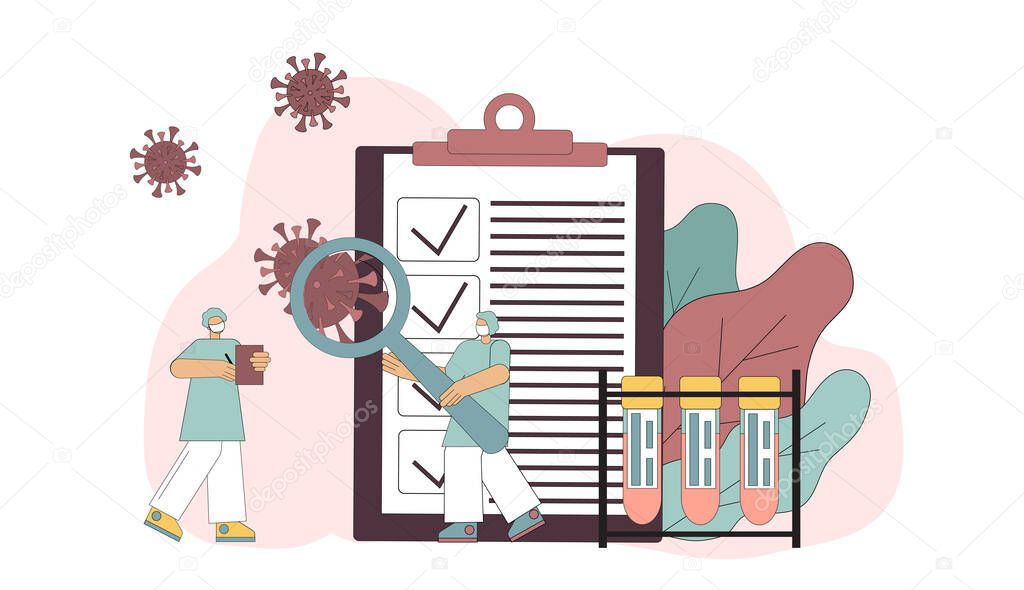 Coronavirus test kit. People, medical workers in the laboratory investigate the virus, blood test. Vector illustration isolated on white background.