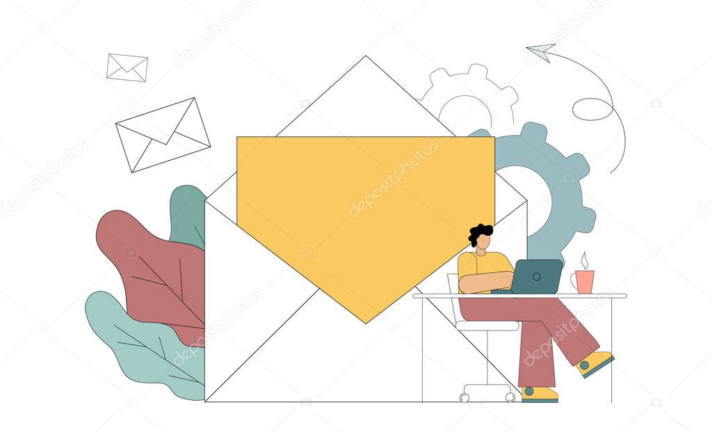 E-marketing, reaching target audience with emails. The flat man is engaged in receiving and sending letters. Vector Illustration