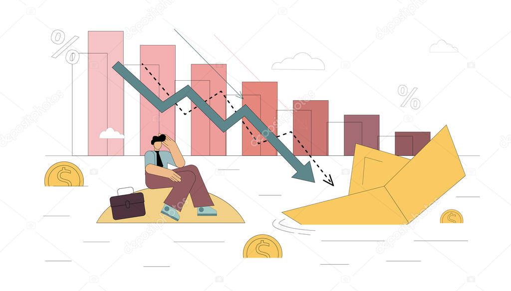 Financial crisis. Sinking business amid the financial crisis. The collapse of the budget. Company bankruptcy. Obligations to the bank. Vector illustration.