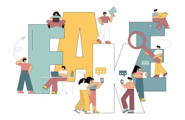 Sahte haber konsepti. Aldatma, çarpıtma metaforu. Medya propagandası. Sosyal ağlardan internet üzerinden gazete ve bilgi okuyan küçük insanlar. Vektör illüstrasyonu