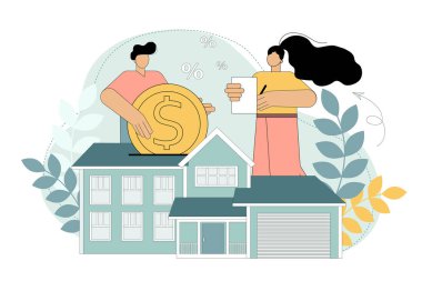 Ev kredisi, kira ve ipotek konsepti. Bir erkek ve bir kadın ipotekli bir ev alır ve bankaya kredi öder. İnsanlar gayrimenkule yatırım yapıyor. Düz vektör çizimi beyaz arkaplanda izole edildi.