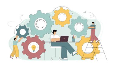 Takım çalışması konsepti. İş akışı yönetimi. İnsanlar vites, dişli dişli taşıyıcı illüstrasyonunu döndürür