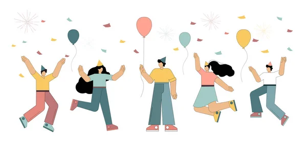 Grupo Pessoas Felizes Celebra Aniversário Vitória Ano Novo Contrato Ilustração — Vetor de Stock