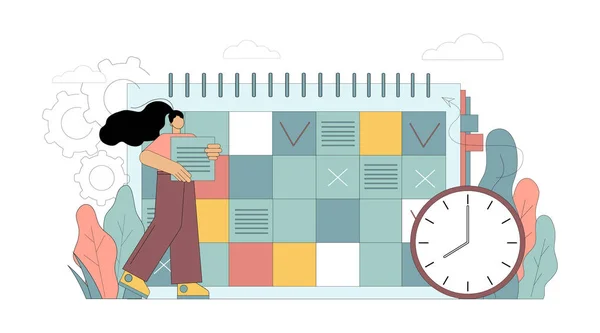 Concepto Planificación Laboral Recordatorio Mujer Hace Anotaciones Calendario Ilustración Plana — Vector de stock