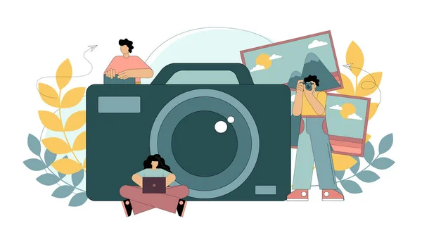 Bir fotoğrafçının işi. İnsanlar fotoğraf çekiyor. Profesyonel dijital kamera. Vektör düz resimleme
