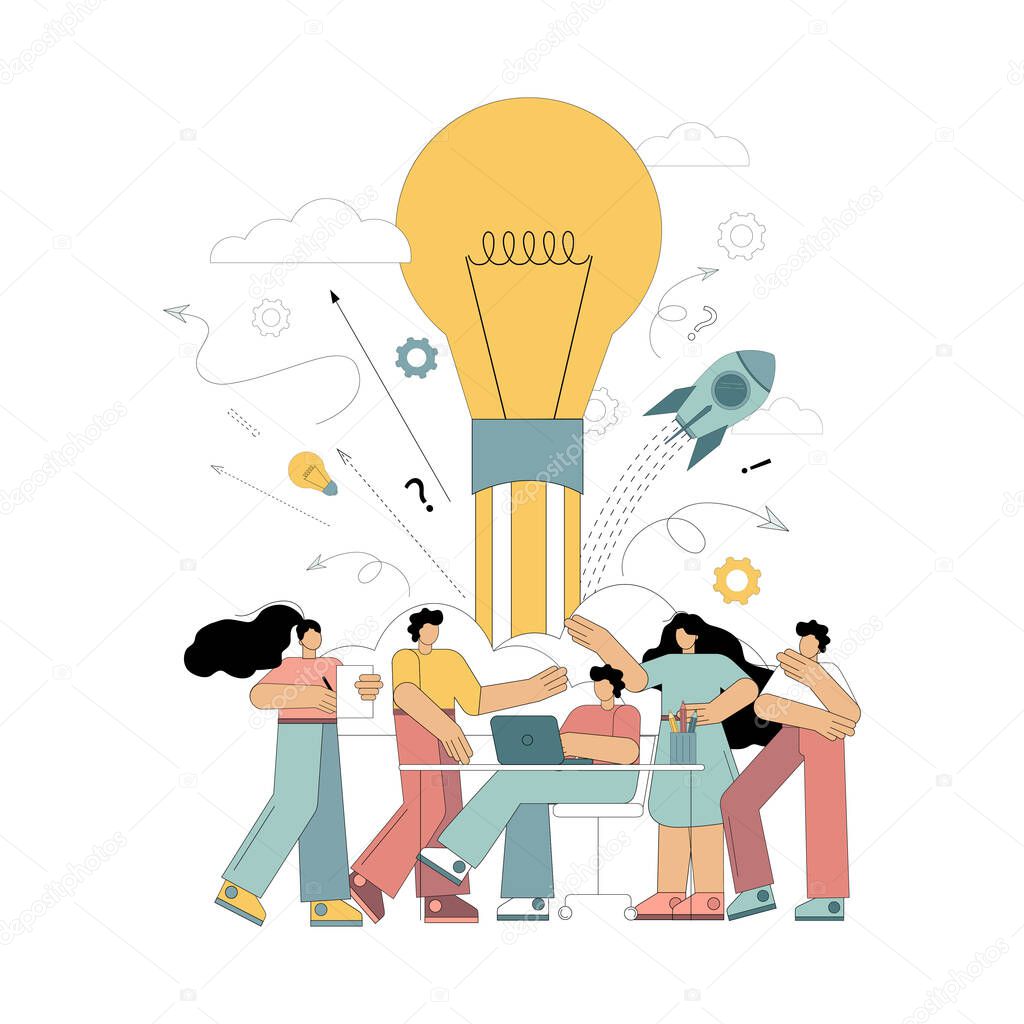 Brainstorming, sharing business ideas, collaborating. Little people, thinking about an idea, a job, a plan. Vector flat illustration on white background