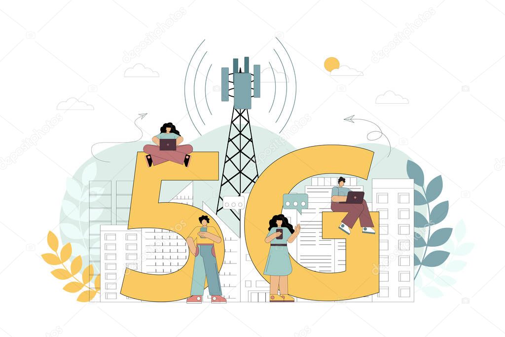 5G network wireless technology. People with gadgets use high-speed Internet. Vector illustration.