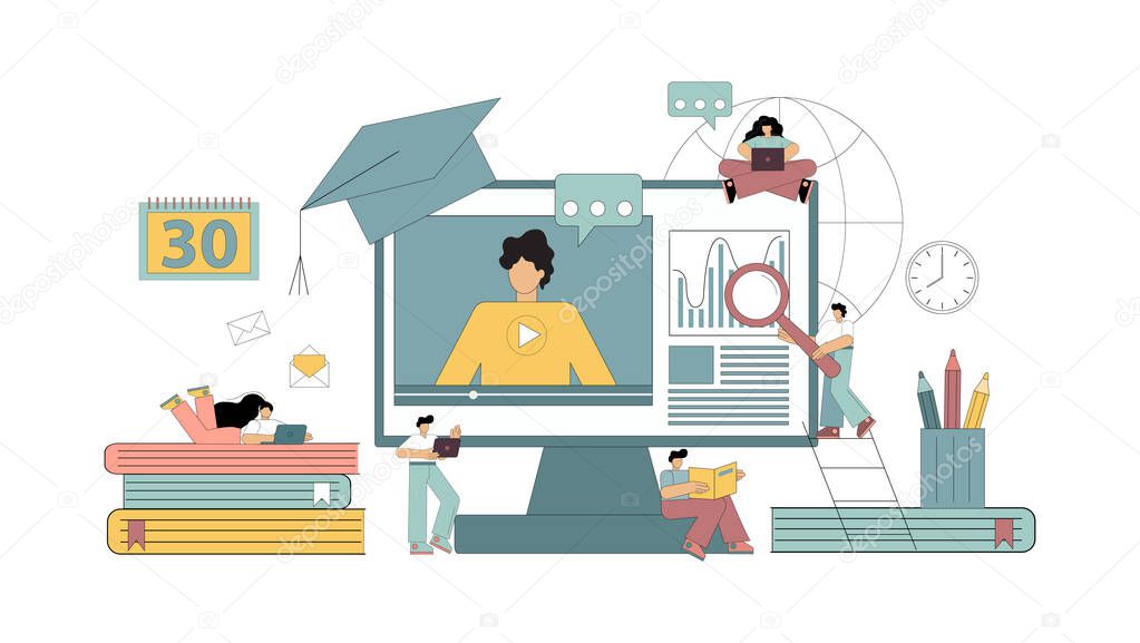 E-learning concepts. Online learning at home Students study at home using gadgets. Vector illustration