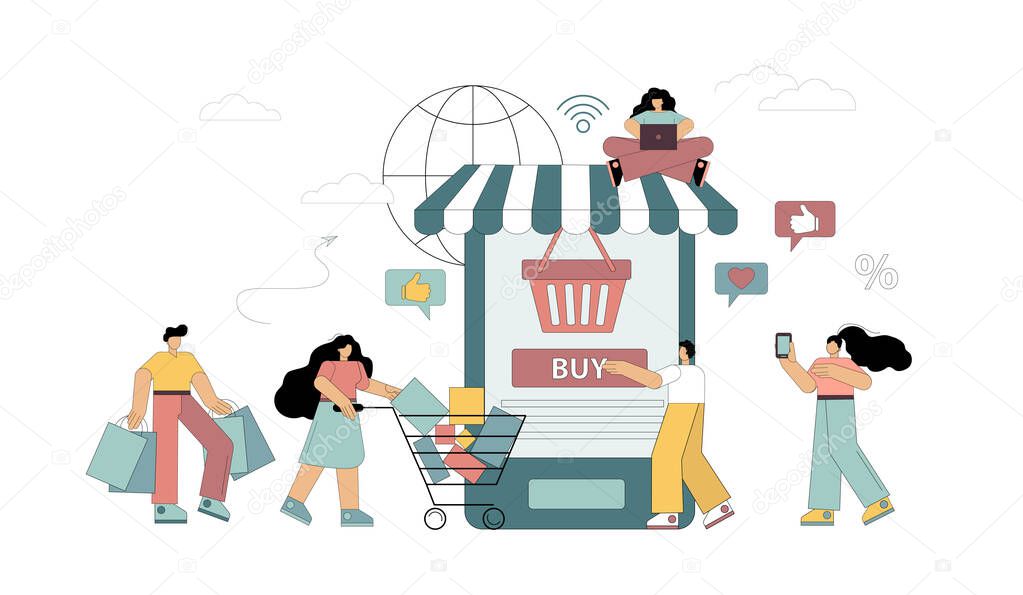 E-shopping concept and online payments. People shopping together on a shopping app and smartphone. Vector illustration on white background