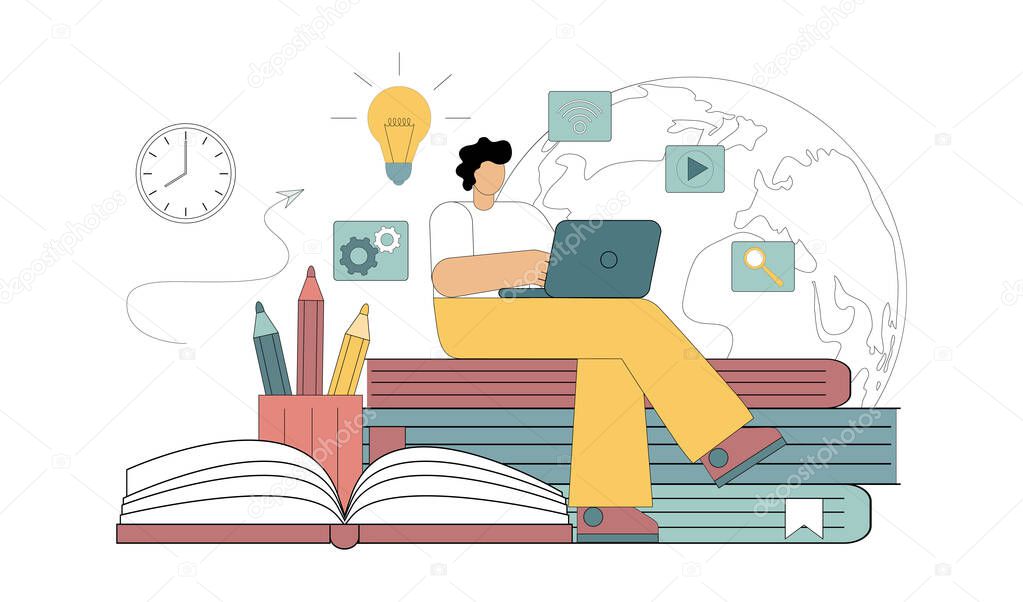 E-learning concept. Remote education. Online video tutorial. Self-education using gadgets and Internet resources. Flat vector illustration.