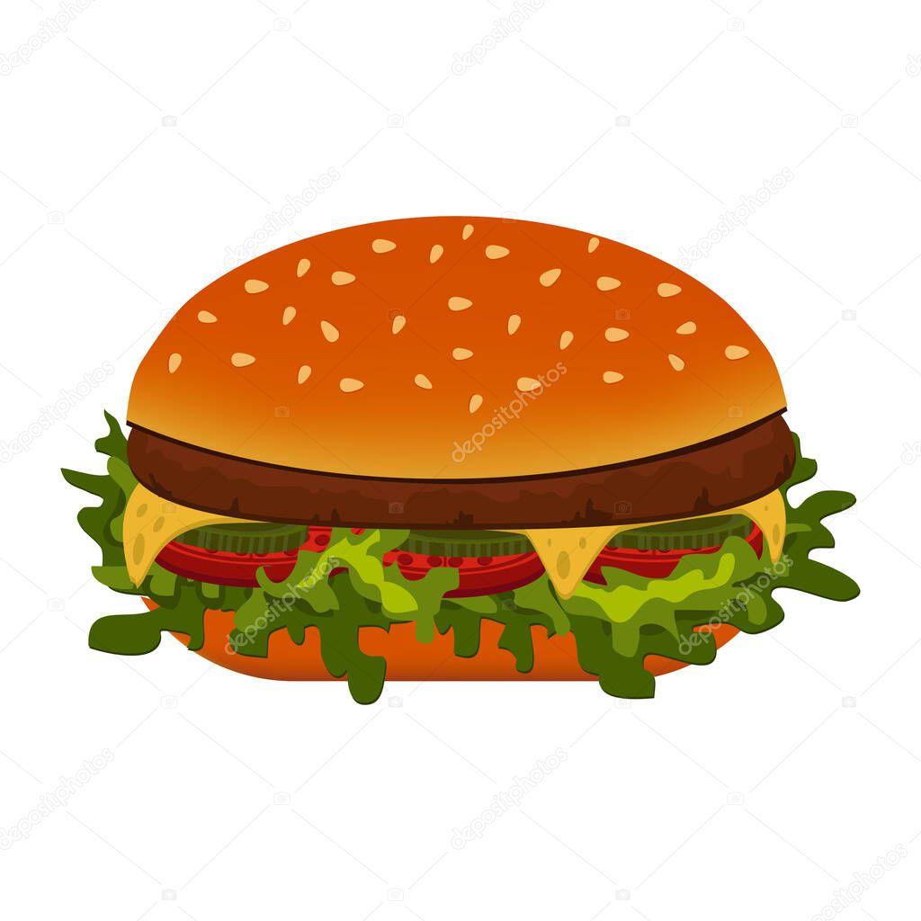 Hamburger, classic burger, cheeseburger with salad and tomatoes. Fast food. Cartoon vector illustration isolated on white background.