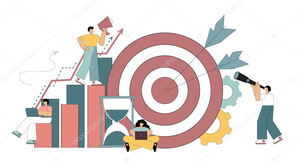 Hit the target. Financial goal. Purposefulness. Search for a solution. Business growth. Goal setting. Flat vector illustration