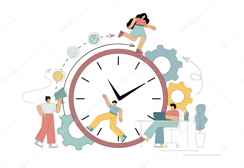 Like a squirrel in a wheel. Work under conditions of increased stress and pressure from the boss. Time management on the road to success. Vector illustration