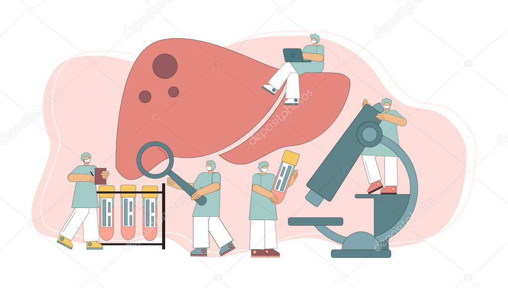 Medical diagnostics and treatment of the liver. Doctors take care of the patient with liver disease. Hepatitis A, B, C, D, cirrhosis. Vector illustration.