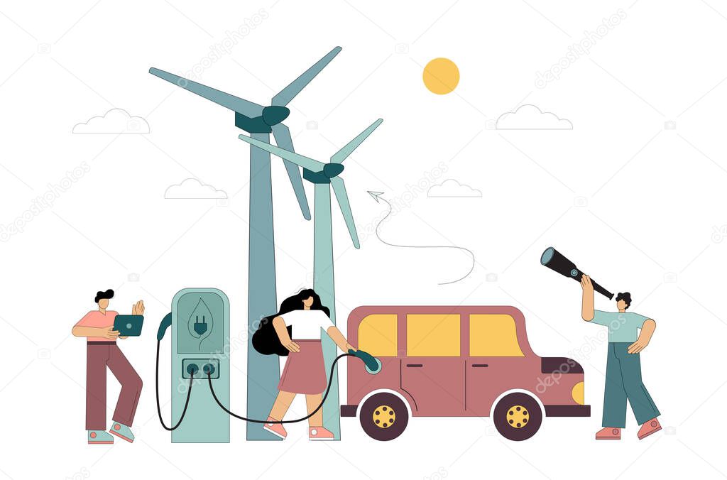 Refueling an electric car. Renewable energy use. Windmills. Vector illustration