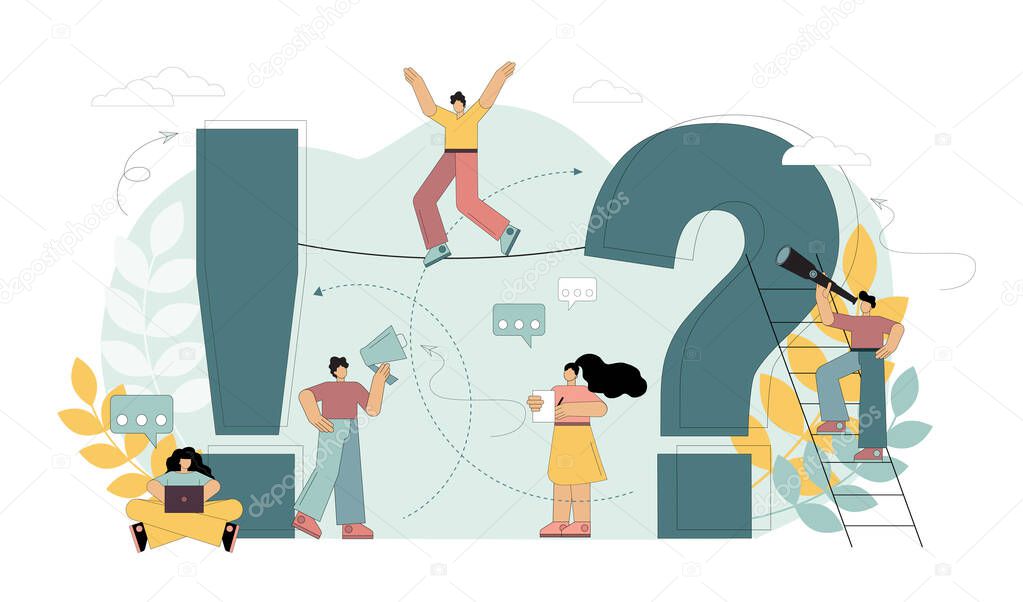 Search for answers to questions. Women and men ask questions and get answers. People standing next to a question and an exclamation mark. Frequently asked questions concept. Flat vector illustration.