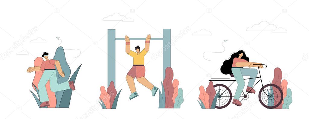 Sports people set. Running, biking, and bar chin-ups. Outdoor activities, healthy lifestyle. Vector illustration