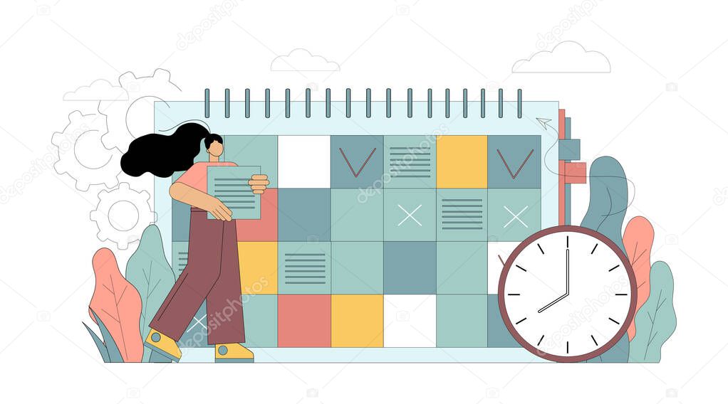 Work planning concept. Reminder. The woman makes entries in the calendar. Vector flat illustration