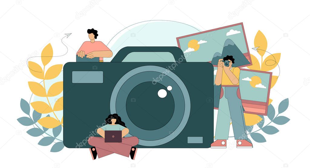 The work of a photographer. People are taking pictures. Professional digital camera. Vector flat illustration