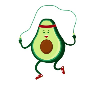 Avokado atlama halatı güzelmiş. Spor için içeri gir. Sağlıklı yemek, sağlıklı yaşam tarzı, vejetaryenlik. Beyaz arkaplanda izole edilmiş vektör illüstrasyonu.