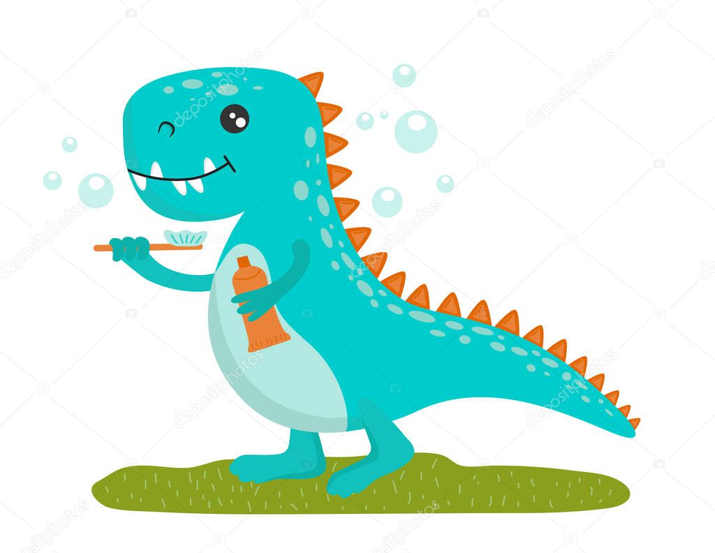 A blue cute little baby dinosaur with a toothbrush and paste stands on green grass surrounded by soap bubbles. Flat vector isolated illustration.
