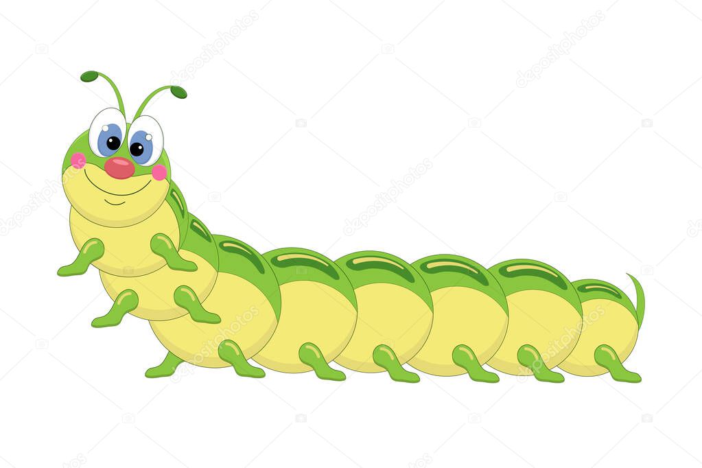 Green caterpillar cartoon. Pretty smiling caterpillar. Vector illustration.
