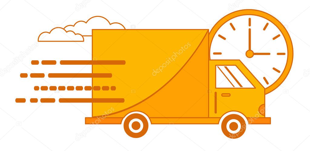 Fast delivery orange truck with clock icon symbol on a white background. Flat vector icon and line icon for apps and websites