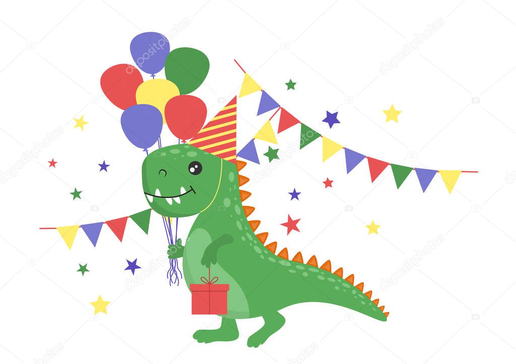 Happy Birthday with a funny dinosaur. Dinosaur with a gift in pastel colors. Vector illustration for cards, banners, posters.