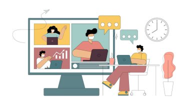 Maskeli insanlar çevrimiçi takım çalışması, video konferansı, telekomünikasyon. Vektör illüstrasyonu beyaz arkaplanda izole edildi.