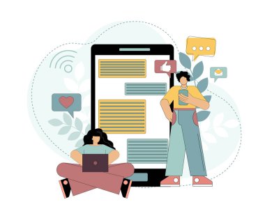 Modern iletişim kavramı. Randevu uygulaması ve sanal ilişkiler. Bir kadın dizüstü bilgisayarın başında oturmuş telefonda bir adamla sohbet ediyor. Beyaz arkaplanda izole edilmiş vektör düz illüstrasyon.