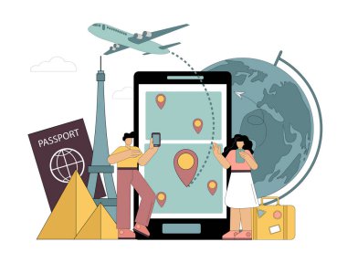 Cihazlarla seyahat etmeyi planlıyorum. Biletleri ayırtıyorum. Boş zaman lojistiği. Web sayfası, afiş, sunum, sosyal medya, belgeler, kartpostallar için Vektör illüstrasyonu
